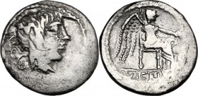 M. Cato. AR Quinarius, 89 BC. Head of Liber right, wearing ivy-wreath. / Victory seated right, holding patera and palm branch. Cr. 343/2a.. AR. 1.95 g...