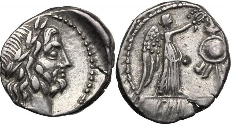 Cn. Cornelius Lentulus Clodianus. AR Quinarius, 88 BC. Head of Jupiter right, la...