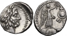 Cn. Cornelius Lentulus Clodianus. AR Quinarius, 88 BC. Head of Jupiter right, laureate. / Victory standing right, crowning trophy. Cr. 345/2. AR. 1.86...