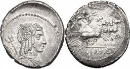 Man. Acilius Glabrio. AR Denarius, 85 BC. Male head right, with the attributes of Apollo, Mercury and Neptune; behind, torch. / Victory in quadriga ri...