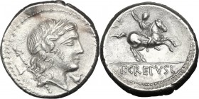Pub. Crepusius. AR Denarius, 82 BC. Obv. Rev. Laureate head of Apollo right, sceptre over shoulder; behind, L(?); below chin, symbol. / Horseman gallo...