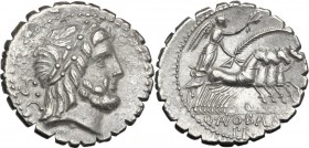 Q. Antonius Balbus. AR Denarius serratus, 83-82 BC. Laureate head of Jupiter right, S.C behind. / Victory in quadriga right; below horses, Q; in exerg...