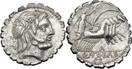 Q. Antonius Balbus. AR Denarius serratus, 83-82 BC. Laureate head of Jupiter right, S.C behind. / Victory in quadriga right; below horses, A; in exerg...