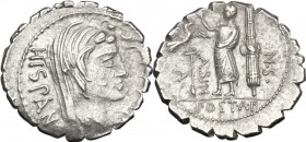 A. Postumius A.f. Sp. n. Albinus. AR Denarius serratus, 81 BC. HISPAN. Veiled head of Hispania right with dishevelled hair. / A. POST. A. F.S.N. ALBIN...