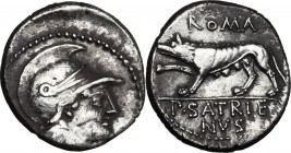P. Satrienus. AR Denarius, 77 BC. Helmeted head of Roma right; [behind, numeral]. / She-wolf left, right forepaw raised. Cr. 388/1b. AR. 3.67 g. 18.00...