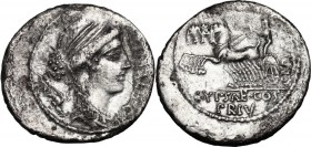 P. Plautius Hypsaeus. AR Denarius, 60 BC. Draped bust of Leuconoe right; before, P. YPSAE. S.C.; behind, dolphin. / Jupiter in quadriga left; in exerg...