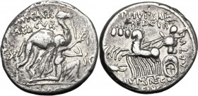 M. Aemilius Scaurus and Pub. Plautius Hypsaeus. AR Denarius, 58 BC. Camel right; before, king Aretas kneeling right, holding reins in left hand and ol...