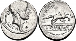 L. Marcius Philippus. AR Denarius, 56 BC. Diademed head of Ancus Marcius right; behind, lituus. / Equestrian statue right, on arcade of five arches wi...