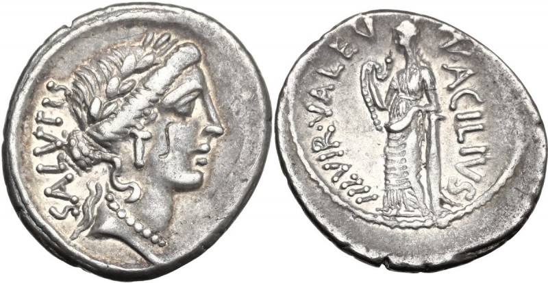 Man. Acilius Glabrio. AR Denarius, 49 BC. Laureate head of Salus right. / Valetu...