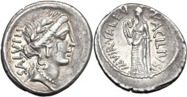 Man. Acilius Glabrio. AR Denarius, 49 BC. Laureate head of Salus right. / Valetudo standing left, leaning against column and holding serpent. Cr. 442/...