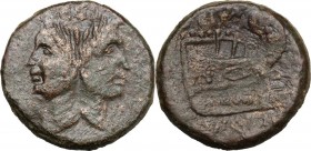 Sextus Pompeius Magnus Pius. AE As, 42-38 BC, Spain or Sicily mint. Janiform head of Pompey the Great, laureate. / Prow right. Cr. 479/1; RPC I 671. A...