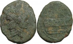 Sextus Pompeius Magnus Pius. AE As, 42-38 BC, Spain or Sicily mint. Janiform head of Pompey the Great, laureate. / Prow right. Cr. 479/1; RPC I 671. A...