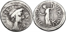 Julius Caesar. AR Denarius, 44 BC. P. Sepullius Macer moneyer. Laureate head of Julius Caesar right. / Venus standing left, holding Victory and sceptr...