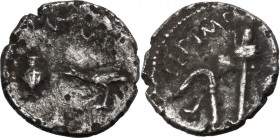 Mark Antony and Lepidus. AR Quinarius, 43 BC, Military mint traveling with Antony and Lepidus in Transalpine Gaul. Lituus, jug and raven. / Simpulum, ...