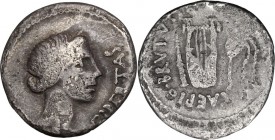 Q. Caepio Brutus. Fourrée (?) Denarius, 43-42 BC, mint moving with Brutus. LEIBERTAS. Head of Liberty right. / CAEPIO BRVTVS PRO. COS. Plectrum, lyre ...