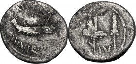 Mark Antony. AR Denarius, 32-31 BC. ANT. AVG III VIR. R. P. C. Praetorian galley right. / LEG IV. Legionary eagle between two standards. Cr. 544/17. A...