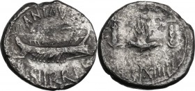 Mark Antony. Fourrée Denarius, 32-31 BC, mint moving with M. Antony. ANT. AVG. III. VIR. R.P.C. Praetorian galley right. / LEG XIIII. Legionary eagle ...