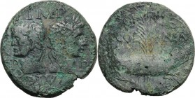 Augustus (27 BC - 14 AD) with Agrippa (died 12 BC). AE As, Nemausus mint, 15-13 BC. Heads of Agrippa, laureate and wearing rostral crown, and Augustus...