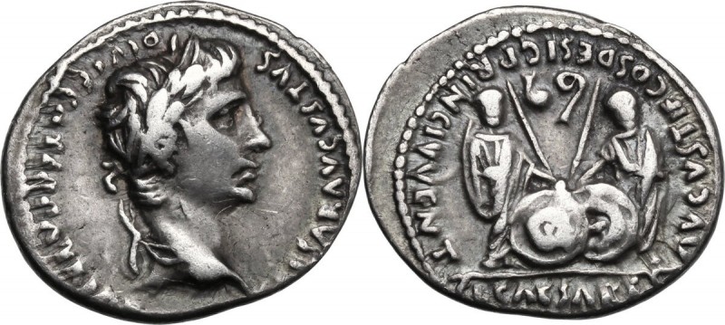 Augustus (27 BC - 14 AD). AR Denarius, 2 BC-4 AD, Lugdunum mint. Head right, lau...