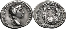 Augustus (27 BC - 14 AD). AR Denarius, 2 BC-4 AD, Lugdunum mint. Head right, laureate. / Caius and Lucius Caesar standing facing, leaning on shield; b...