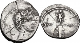 Augustus (27 BC - 14 AD). AR Denarius, uncertain italian mint (Brundisium and Rome?), 29-27 BC. Laureate head right. / Statue of August on rostral col...