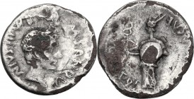 Augustus (27 BC - 14 AD). Fourrée Denarius. Rome mint. M. Sanquinius, moneyer. Struck 17 BC. Herald of the secular games standing left, holding winged...