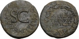 Augustus (27 BC - 14 AD). AE Dupondius. Rome mint; C. Cassius Celer, moneyer. Struck 16 BC. AVGVSTVS/ TRIBVNIC/ POTEST in three lines within laurel wr...