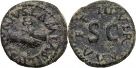 Augustus (27 BC - 14 AD). AE Quadrans, 9 BC. Clasping hands holding caduceus. / Large SC surrounded by legend. RIC I (2nd ed.) 420. AE. 3.33 g. 17.00 ...