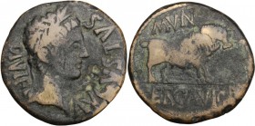 Augustus (27 BC - 14 AD). AE As, Ercavica mint (Hispania). Laureate head right. / Bull standing right. RPC I 459. AE. 9.81 g. 28.00 mm. About VF/Good ...
