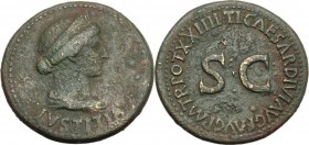 Livia, wife of Augustus (Augusta 14-29 AD). AE As, struck under Tiberius, 22-23 AD. Diademed and draped bust of Livia (as Justitia) right; IVSTITIA be...