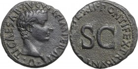 Tiberius as Caesar (4-14). AE As, 10-11. Head right. / Large SC surrounded by legend. RIC I (2nd ed.) (Augustus) 469. AE. 10.73 g. 27.00 mm. Black pat...