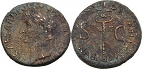 Tiberius (14-37). AE As, 35-36 AD. Laureate head left. / S C across field, vertical winged caduceus. RIC I (2nd ed.) 59. AE. 10.18 g. 26.50 mm. VF/Goo...