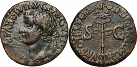 Tiberius (14-37). AE As, 36-37. Head left, laureate. / Winged caduceus flanked by large SC. RIC I (2nd ed.) 65. AE. 11.20 g. 26.00 mm. Dark brown pati...