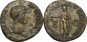 Antonia Minor, mother of Claudius (Augusta 37 and 41). AE Dupondius, 41-50. Bust right, draped. / Claudius standing left, togate, holding simpulum. RI...