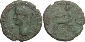 Gaius (37-41). AE As, 37-38. Head left. / Vesta seated left, holding patera. RIC I (2nd ed.) 38. AE. 10.36 g. 27.00 mm. Dark green patina. Good F.