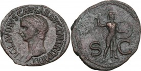 Claudius (41-54). AE As. Claudius. Struck 41-circa 50 AD. Bare head left. / Minerva advancing right, preparing to hurl spear and holding shield. RIC I...