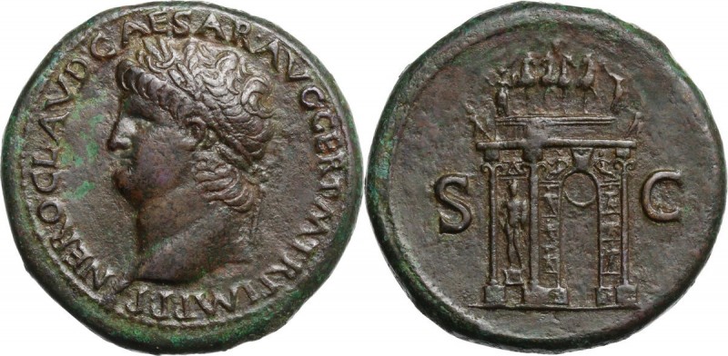 Nero (54-68). AE Sestertius, 62-68. Head left, laureate. / Triumphal arch with s...