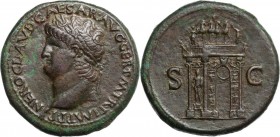 Nero (54-68). AE Sestertius, 62-68. Head left, laureate. / Triumphal arch with statues at the side and quadriga on top. RIC I (2nd ed.) 146. AE. 28.39...