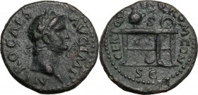 Nero (54-68). AE Semis, 64 AD. Laureate head right. / Table bearing urn and wreath; on front of left panel, two gryphons standing facing one another; ...