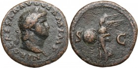 Nero (54-68). AE As, 62-68. Head right, laureate. / Victory flying left, holding shield inscribed SPQR. RIC I (2nd ed.) 312. AE. 11.98 g. 28.00 mm. VF...