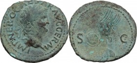 Nero (54-68). AE As, C. 67 AD. Laureate head right. / Victory flying left, holding shield inscribed SPQR. RIC I (2nd ed.) 368 var. (GERM). AE. 9.58 g....
