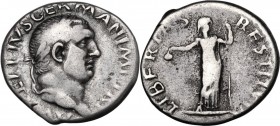 Vitellius (69 A.D.). AR Denarius, c. April-December 69. A VITELLIVS GERMAN IMP TR P. Laureate bust right. / LIBERTAS RESTITVTA. Libertas standing faci...