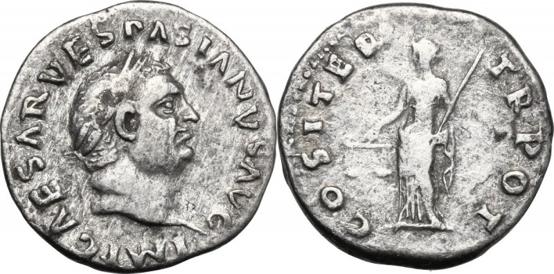 Vespasian (69-79). AR Denarius, 70 AD. Head right, laureate. / Aequitas standing...