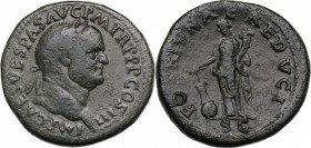 Vespasian (69-79). AE Sestertius, 71 AD. Head right, laureate. / Fortuna standing left, holding rudder set on globe and cornucopiae. RIC I (2nd ed.) 2...