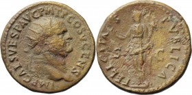 Vespasian (69-79). AE Dupondius, 74 AD. IMP CAES VESP AVG PMT P COS V CENS. Radiate bust right. / FELICITAS PVBLICA SC. Felicitas standing facing, hea...