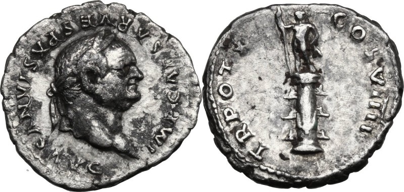 Vespasian (69-79). AR Denarius, 79 AD. Head right, laureate. / Radiate figure st...