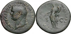 Titus (79-81). AE Sestertius, 80 AD. IMP T CAES VESP AVG PM TR P [PP COS V] III. Laureate head left. / PAX AVGVST SC. Pax standing left, holding branc...