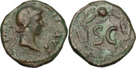 Domitian (81-96). AE Quadrans, 81-82. Head of Minerva right, helmeted. / Large SC within wreath. RIC II-p. 1 (2nd ed.) 125. AE. 2.19 g. 14.00 mm. VF.