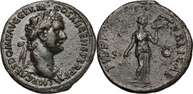 Domitian (81-96). AE As, 86 AD. Bust right, laureate, wearing aegis. / Fides standing right, holding corn-ears and bowl of fruits. RIC I (2nd ed.) 486...