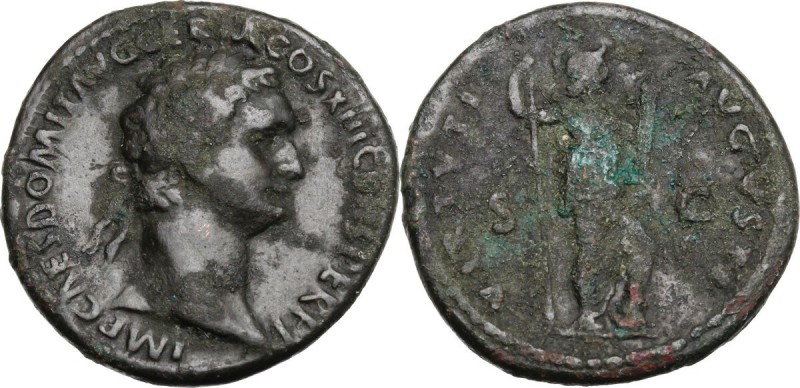 Domitian (81-96). AE As, 87 AD. Laureate head right. / Virtus standing right, ho...